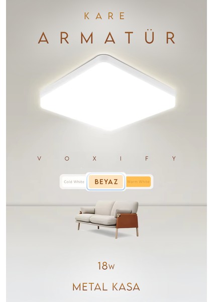 18W Modern Tavana Sıfır Kare Plafonyer LED Avize Panel Light 6500K Cold White Banyo Balkon Wc Koridor