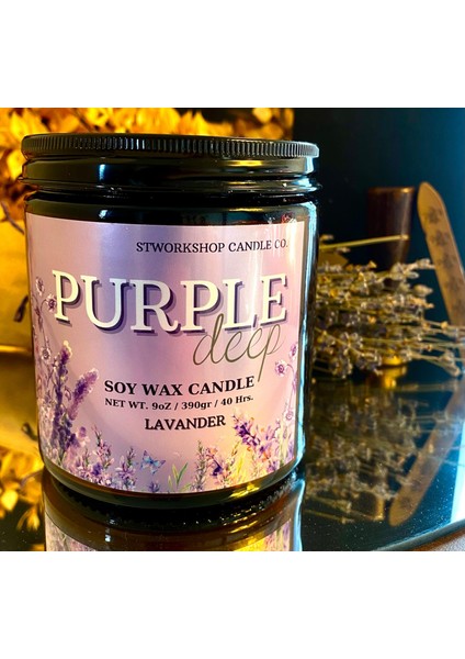 Pureple Deep: Özel Dekoratif Tasarım Lavanta Kokulu Amber Cam Kavanoz Büyük Mum Ahşap Fitil 390GR Doğal Vegan Soya Wax Mumu fiyatları