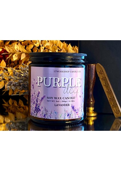 Pureple Deep: Özel Dekoratif Tasarım Lavanta Kokulu Amber Cam Kavanoz Büyük Mum Ahşap Fitil 390GR Doğal Vegan Soya Wax Mumu fırsatları