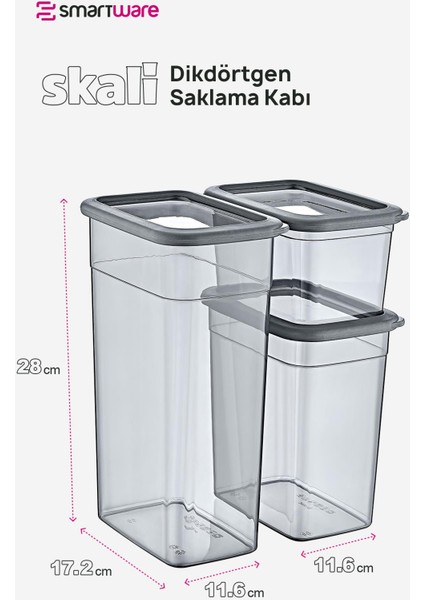 2'li Set Skali Dikdörtgen Saklama Kabı Antrasit (2'şer Adet 1210 Ml, 2350 Ml, 3500 Ml)