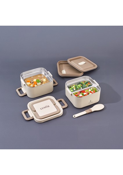 Bento Kare 2 Katlı Lunch Box Yemek Termosu Bej 1400 ml