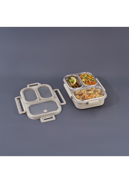 Bento Dikdörtgen 3 Bölmeli Lunch Box Yemek Termosu Kahverengi 1000 ml