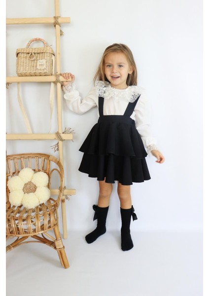 Kız Çocuk Helen Siyah Askılı Kat Kat Bağlama Jile Elbise Dantel Detay Ekru Uzun Kollu Bluz Takım TKM-0181.2