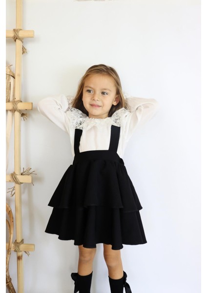 Kız Çocuk Helen Siyah Askılı Kat Kat Bağlama Jile Elbise Dantel Detay Ekru Uzun Kollu Bluz Takım TKM-0181.2 fiyatları