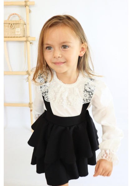 Kız Çocuk Helen Siyah Askılı Kat Kat Bağlama Jile Elbise Dantel Detay Ekru Uzun Kollu Bluz Takım TKM-0181.2 modelleri