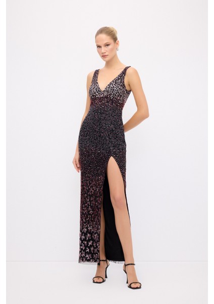 Yırtmaçlı Işlemeli Elbise Kahve 12444628000