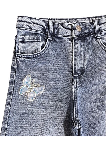 Kız Çocuk Kelebek ve Yıldız Aksesuarlı Jean Pantolon