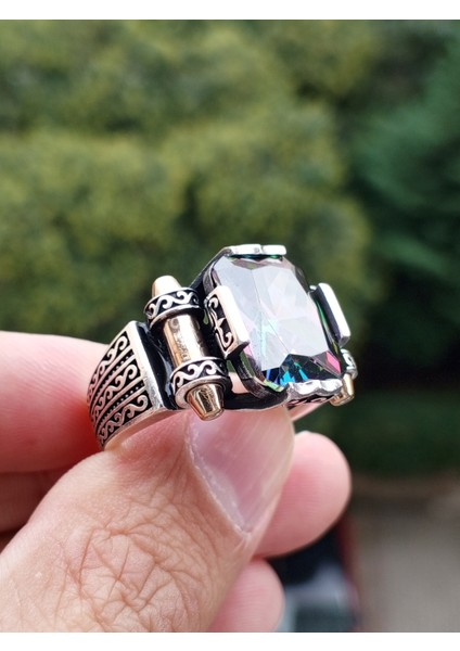 Erkek Yüzük Gümüş 925 Mistik Topaz Taşlı Kalkan Modeli