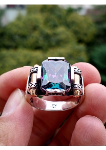 Erkek Yüzük Gümüş 925 Mistik Topaz Taşlı Kalkan Modeli