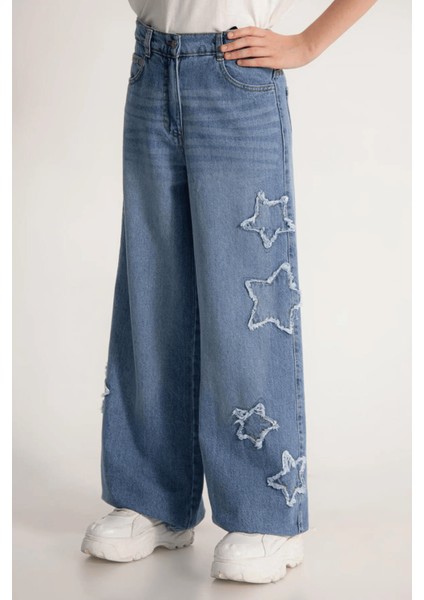 Yıldız Detaylı Bol Paça Kız Denim Pantolon