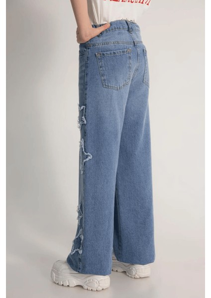 Yıldız Detaylı Bol Paça Kız Denim Pantolon
