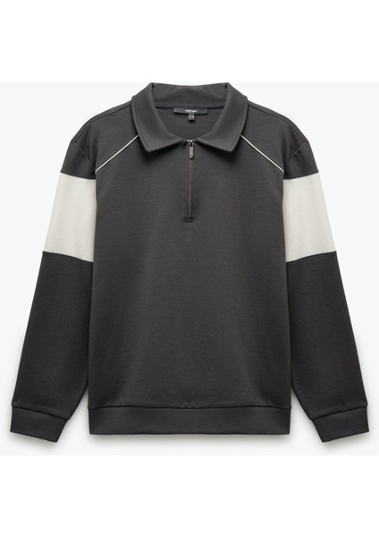 Pamuklu Renk Bloklu Uzun Kollu Yarım Fermuarlı Sweatshirt