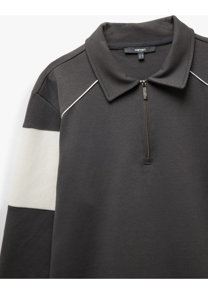 Pamuklu Renk Bloklu Uzun Kollu Yarım Fermuarlı Sweatshirt modelleri