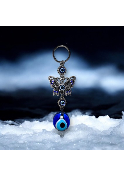 Zamak Döküm El Yapımı Anahtarlık - Kelebek ve Nazar Boncuğu Detaylı