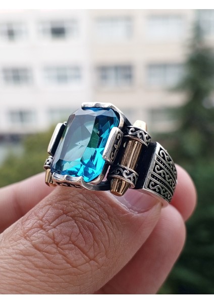 Erkek Yüzük Gümüş 925 Deniz Mavisi Zirkon Taşlı Kalkan Modeli