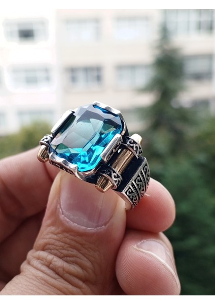 Erkek Yüzük Gümüş 925 Deniz Mavisi Zirkon Taşlı Kalkan Modeli