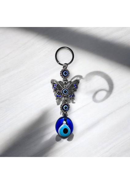 Zamak Döküm El Yapımı Anahtarlık - Kelebek ve Nazar Boncuğu Detaylı