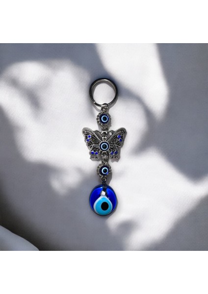 Zamak Döküm El Yapımı Anahtarlık - Kelebek ve Nazar Boncuğu Detaylı