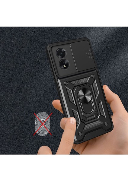 Oppo A38 Uyumlu Magnetik Standlı Kamera Korumalı Zore Sürgülü Vega Kapak-Siyah indirimleri