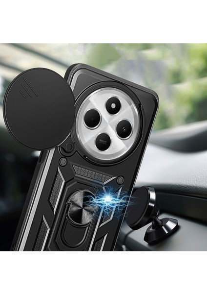 Xiaomi Redmi 14C 4g Uyumlu Magnetik Standlı Kamera Korumalı Zore Sürgülü Vega Kapak-Mavi modelleri