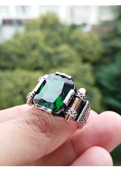 Erkek Yüzük Gümüş 925 Yeşil Zirkon Taşlı Kalkan Modeli
