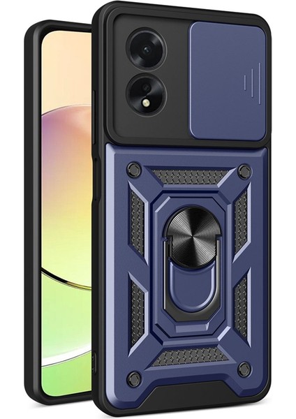 Oppo A38 Uyumlu Magnetik Standlı Kamera Korumalı Zore Sürgülü Vega Kapak-Mavi