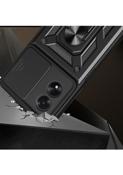 Oppo A38 Uyumlu Magnetik Standlı Kamera Korumalı Zore Sürgülü Vega Kapak-Mavi modelleri