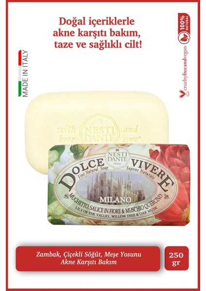 Dolce Vivere Millano Katı Sabun 250 gr | Akne Karşıtı Bakım | Söğüt Ağacı, Meşe Ağacı