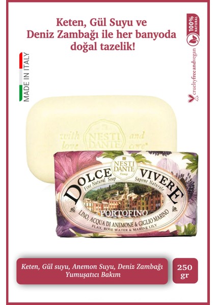 Dolce Vivere Portofino Katı Sabun 250 gr | Nemlendirici ve Yumuşatıcı | Zambak, Gül Suyu