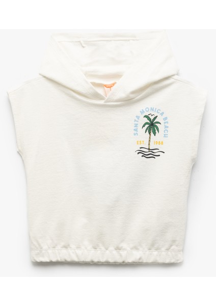 Kapşonlu Pamuklu Baskılı Kolsuz Crop Sweatshirt