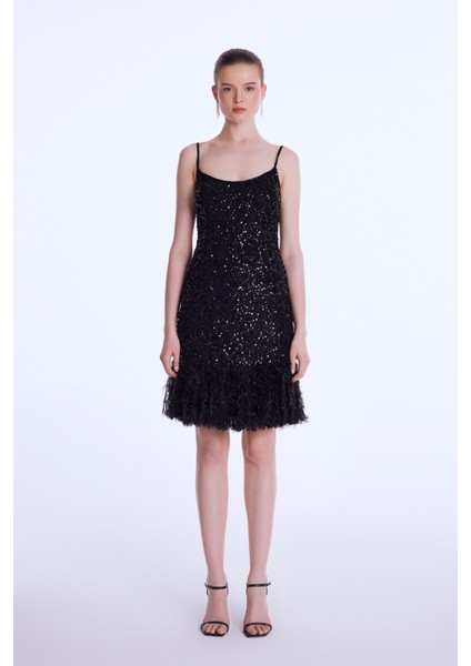 Püskül Detaylı Mini Elbise Siyah 12443326000