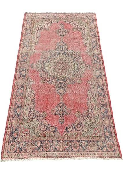 El Dokuma Vintage Pembe Halı 117 x 218 Eskitme Soyut Yün Halı