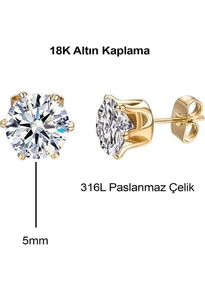Çelik Tek Taş Küpe 18K Altın Kaplama Tek Taşlı Paslanmaz Çelik Küpe 5mm