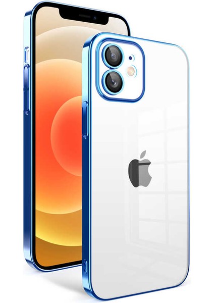 Apple iPhone 12 Uyumlu Kamera Korumalı Renkli Çerçeveli Garaj Kapak-Saks Mavi