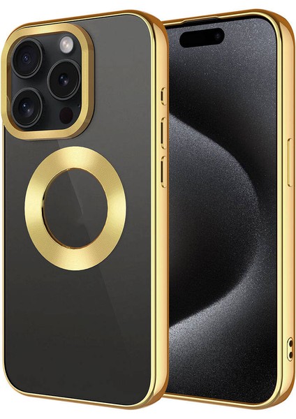 Apple iPhone 15 Pro Max Uyumlu Tek Kamera Çerçeveli Logo Gösteren Omega Kapak-Gold