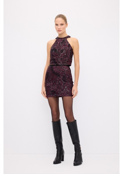 Işlemeli Mini Etek Bordo 12744623000