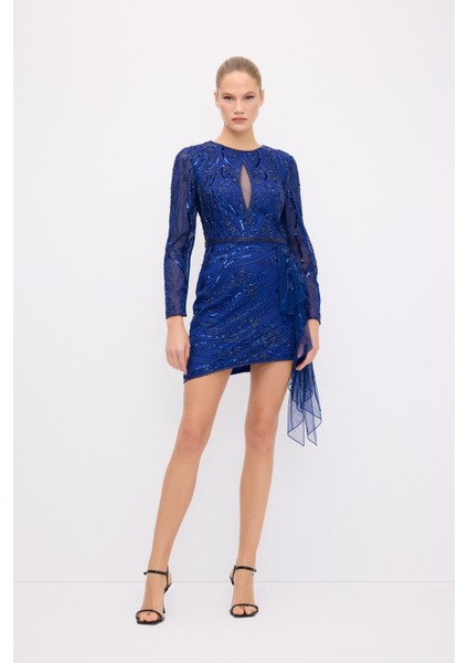 Boncuk Işlemeli Asimetrik Elbise Siyah 12444626000