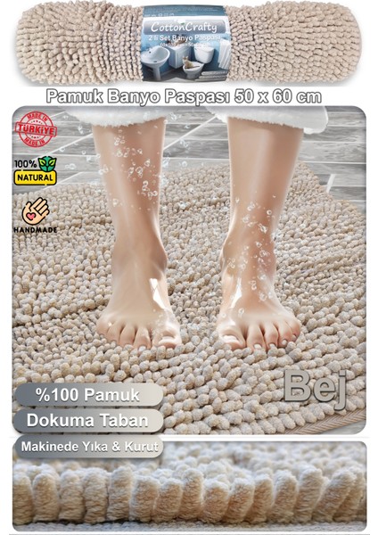 Pamuk Tafting Su Emici Banyo Paspası, Banyo Halısı Makarna 60 x 50 cm