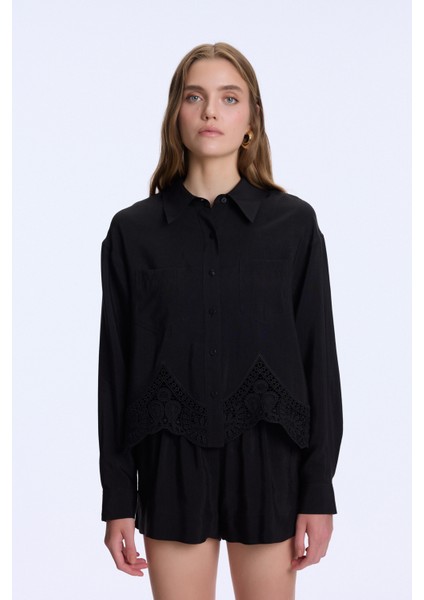 Bej Uzun Kol Dantel Detaylı Gömlek 13043521000