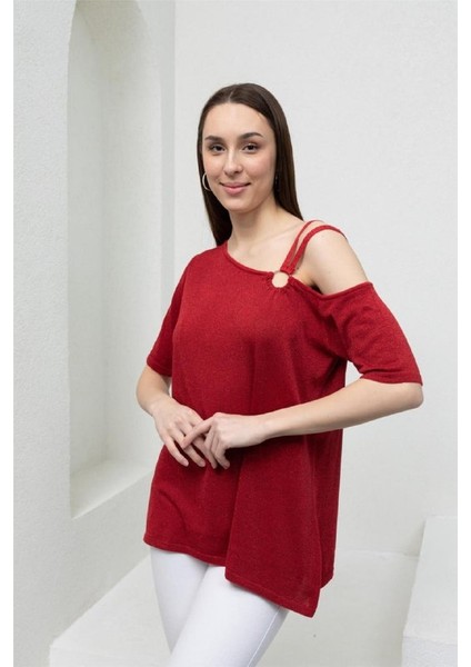 Kadın Kısa Kol Sim Garnili Triko Bluz Kırmızı B7020
