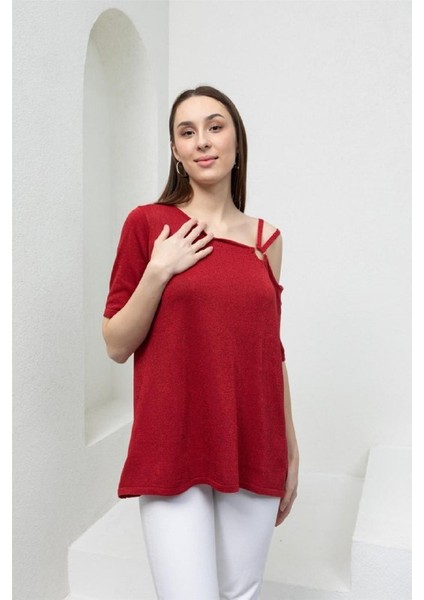 Kadın Kısa Kol Sim Garnili Triko Bluz Kırmızı B7020 fiyatları