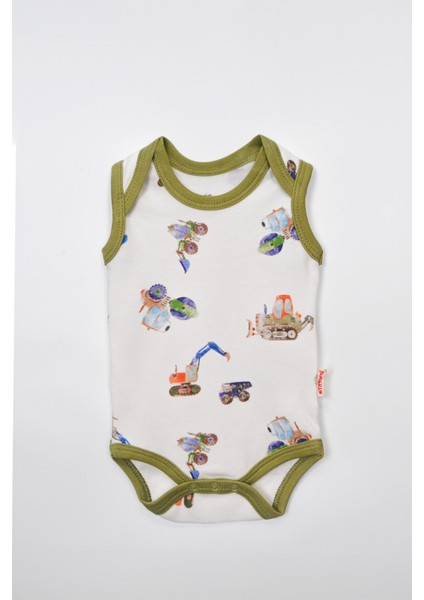 Sevimli Iş Makineleri Desenli Yeşil Biyeli Çıtçıtlı Erkek Bebek Kolsuz Body