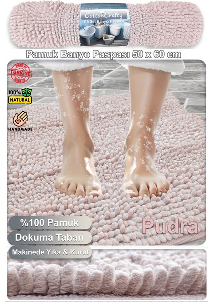 Pamuk Tafting Su Emici Banyo Paspası, Banyo Halısı Makarna 60 x 50 cm