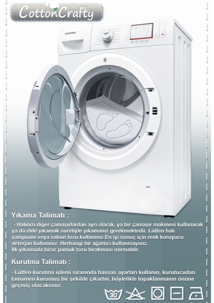 Pamuk Tafting Su Emici Banyo Paspası, Banyo Halısı Makarna 60 x 50 cm