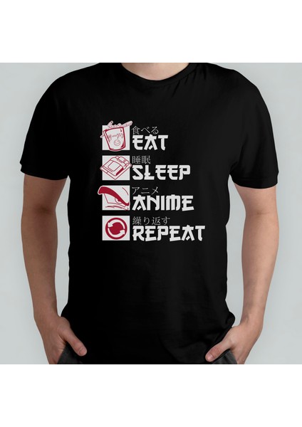 Eat Sleep Anime Repeat %100 Pamuklu Bisiklet Yaka T-Shirt Model 1