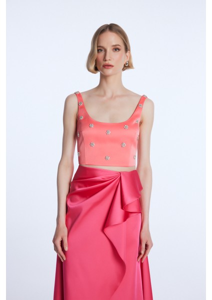 Taşlı Crop Bluz Somon 11543982000