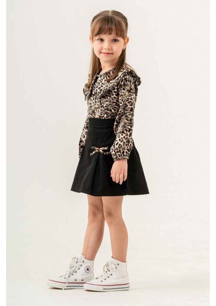Leopar Gömlekli Fiyonk Detaylı Kız Çocuk 2 li takım - Kahve
