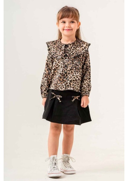 Leopar Gömlekli Fiyonk Detaylı Kız Çocuk 2 li takım - Kahve fiyatları