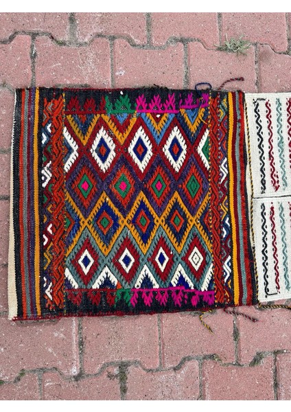 56 x 147 cm Özel Vintage El Dokuma Heybe Kilim, Renkli Harika Desenli, Antik Anadolu Yün Heybe Halı, Dekoratif indirimleri