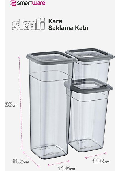 2'li Set Skali Kare Saklama Kabı Antrasit (2'şer Adet 740 Ml, 1440 Ml, 2350 Ml)